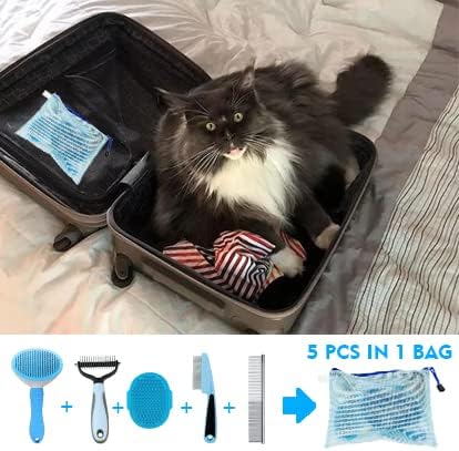 Dog Brush Grooming Kit 5PCS - Shedding, Flea Comb & Slicker Brush Set, Blue for Home or Travel - Image 4