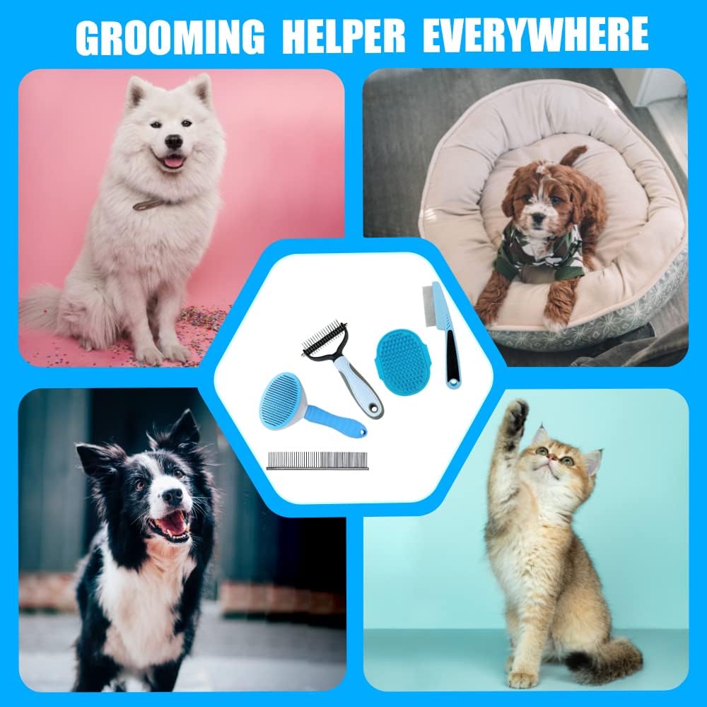 Dog Brush Grooming Kit 5PCS - Shedding, Flea Comb & Slicker Brush Set, Blue for Home or Travel - Image 5
