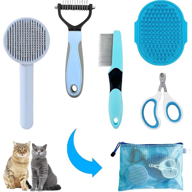 Grooming Brush Kit - 5pcs for Shedding & Matted Fur, Self-Cleaning with Flea Comb for Indoor Long-Haired Cats, Blue