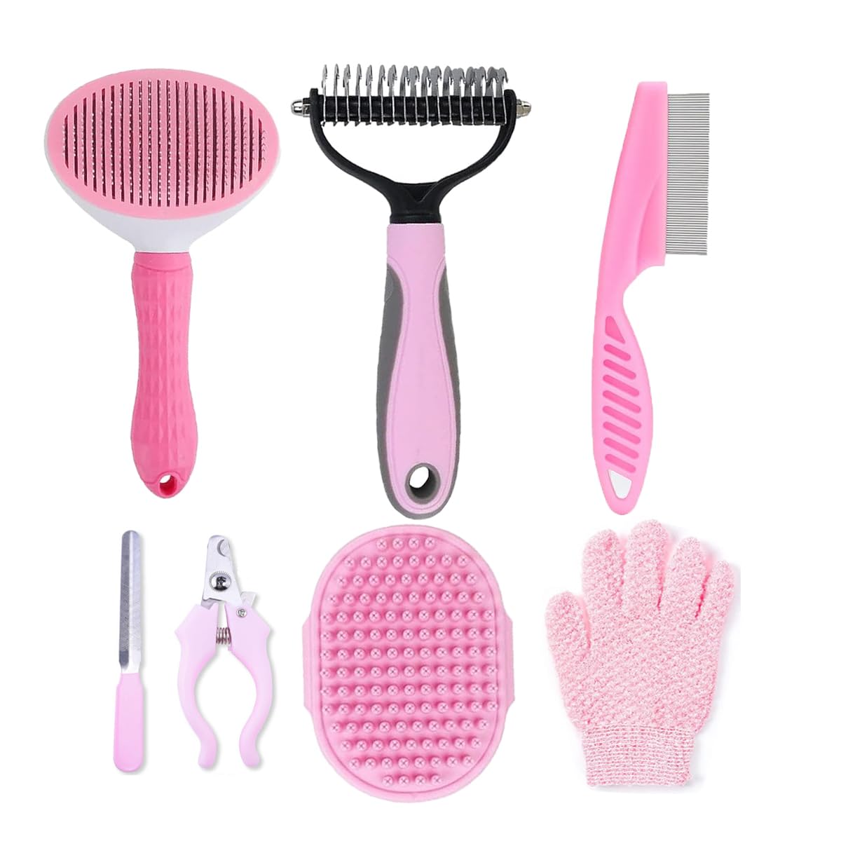 7 PCS Dog Brush Dog Grooming Kits,Dog Shedding Brush,Self-Cleaning Brush with Nail Clipper, Flea Comb and Shampoo Bath Brush