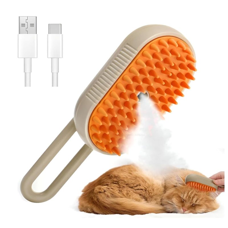 4-in-1 Cat Steam Brush, Khaki | Self-Cleaning Comb, For Long and Short Hair Cats and Dogs, Hair Removal, Vibrating Message, Grooming & Relaxation