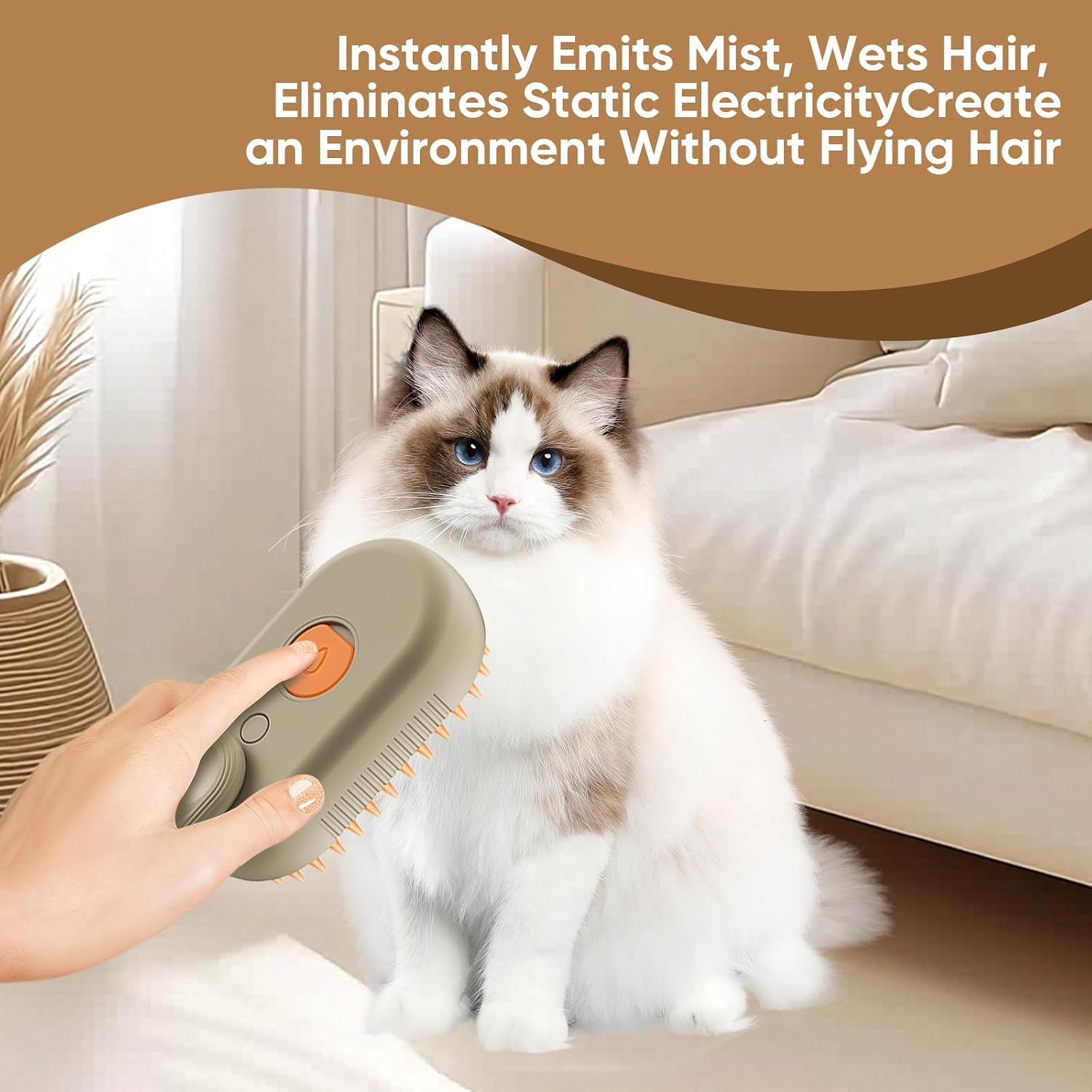 4-in-1 Cat Steam Brush, Khaki | Self-Cleaning Comb, For Long and Short Hair Cats and Dogs, Hair Removal, Vibrating Message, Grooming & Relaxation - Image 4