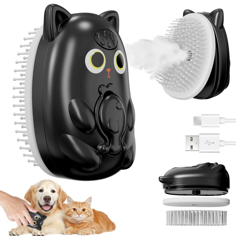 3-in-1 Pet Steam Brush for Shedding & Grooming (Black)