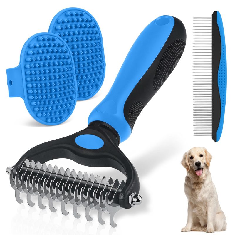 Double-Sided Pet Grooming Rake - 4-in-1 Deshedding & Dematting Brush for Dogs & Cats (Blue, 4PCS)