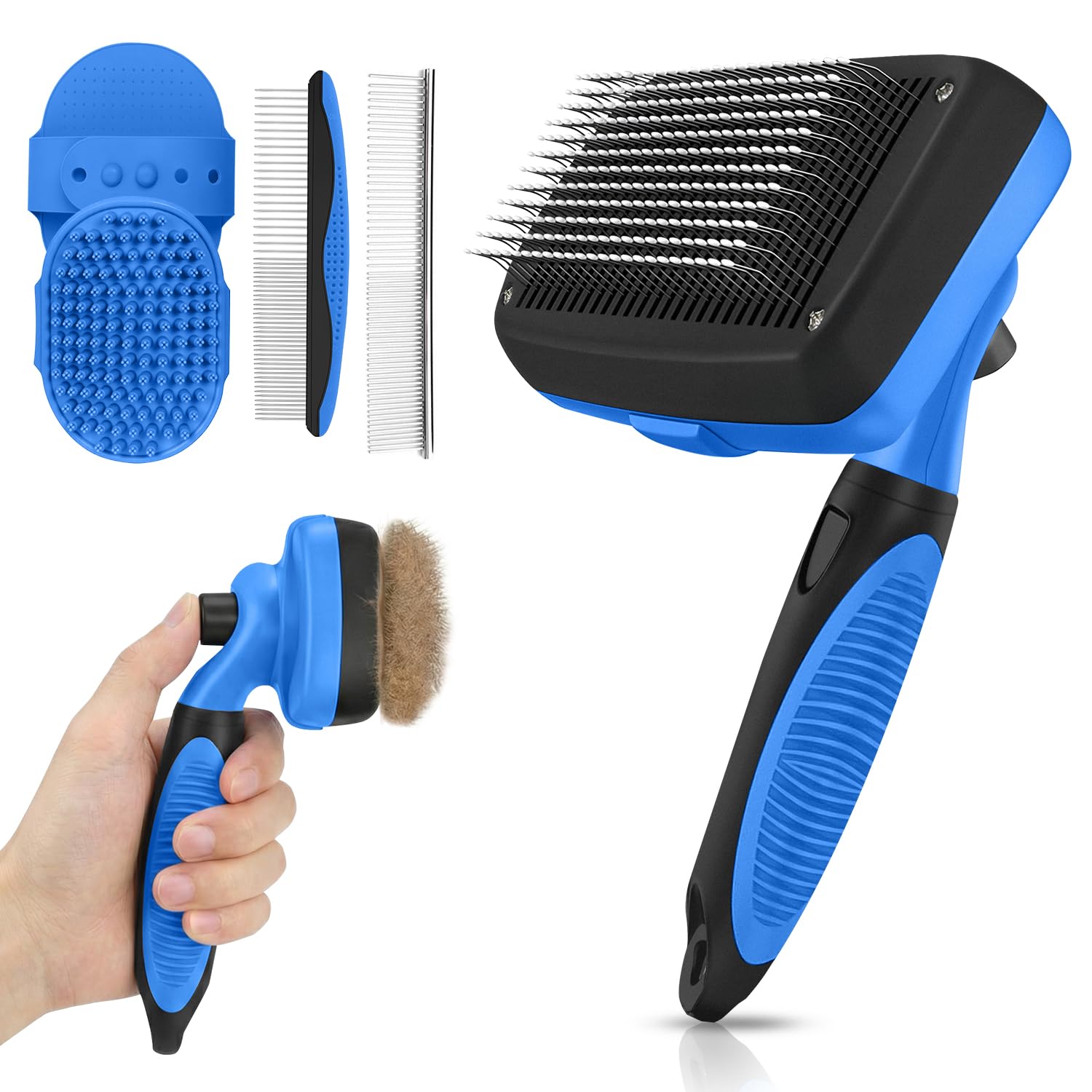5-in-1 Self-Cleaning Pet Deshedding Brush for Dogs & Cats, Blue