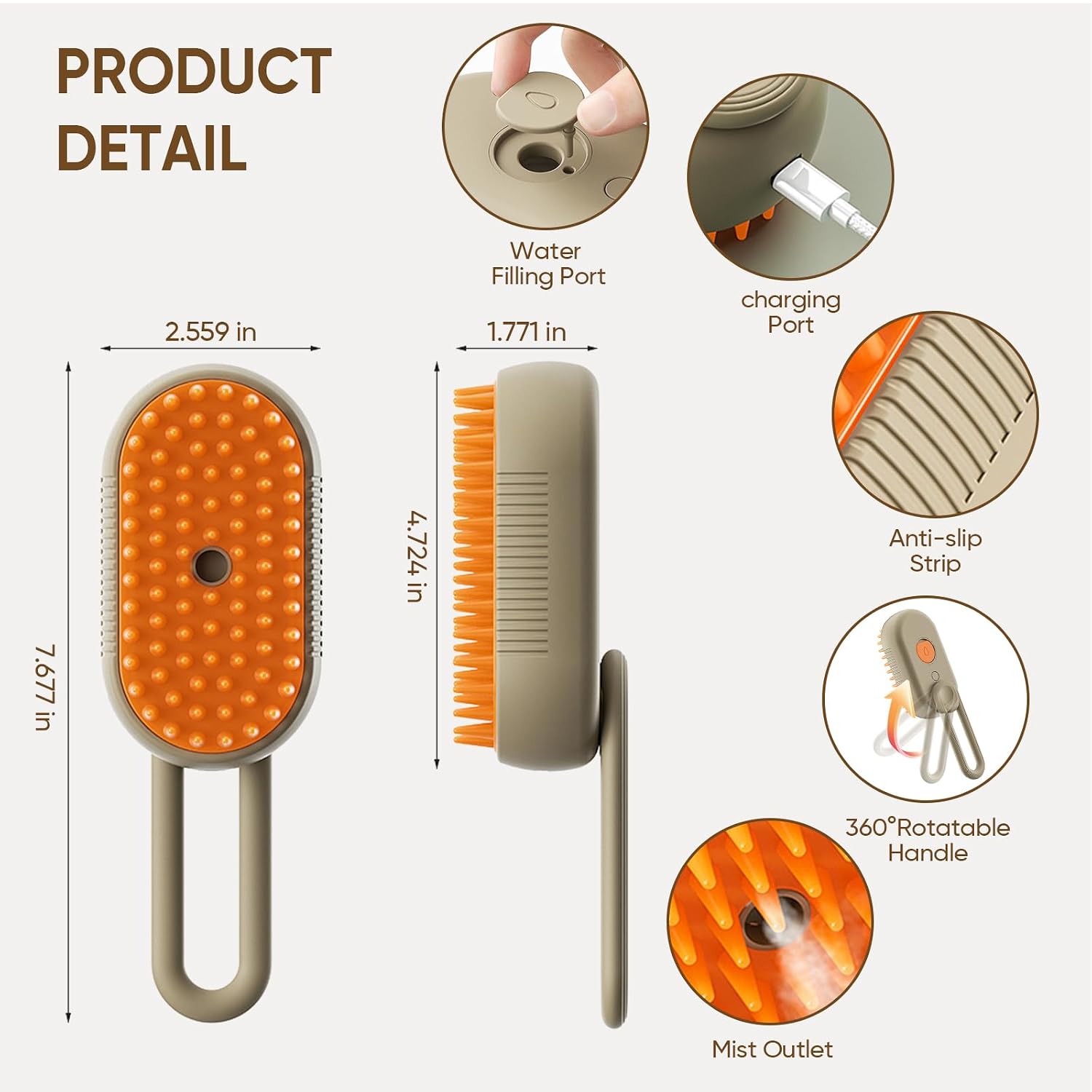 4-in-1 Cat Steam Brush, Khaki | Self-Cleaning Comb, For Long and Short Hair Cats and Dogs, Hair Removal, Vibrating Message, Grooming & Relaxation - Image 3