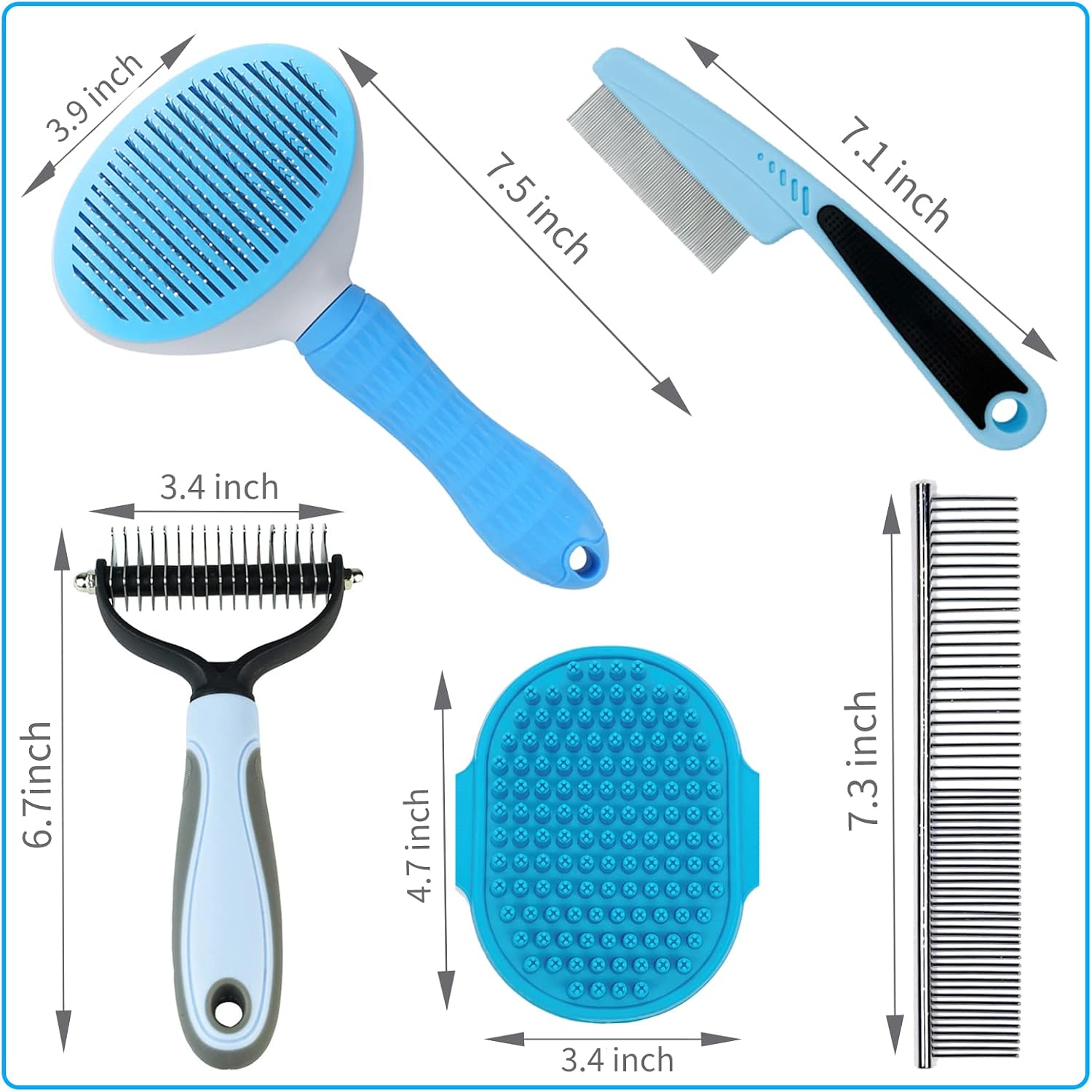 Dog Brush Grooming Kit 5PCS - Shedding, Flea Comb & Slicker Brush Set, Blue for Home or Travel - Image 6
