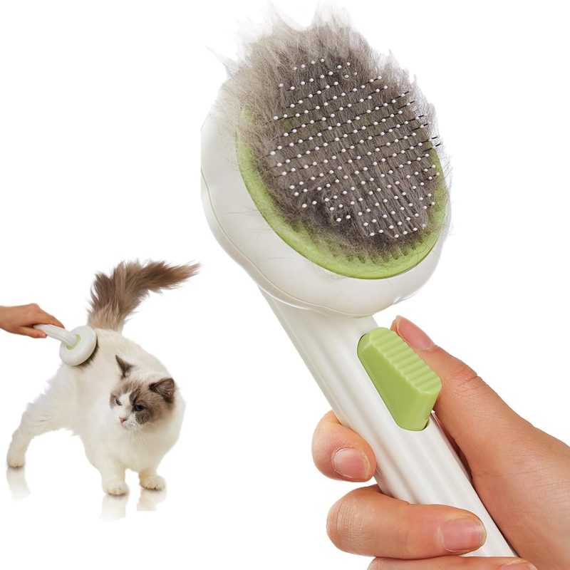 Cat & Dog Deshedding Brush with Release Button, Self-Cleaning Pet Comb