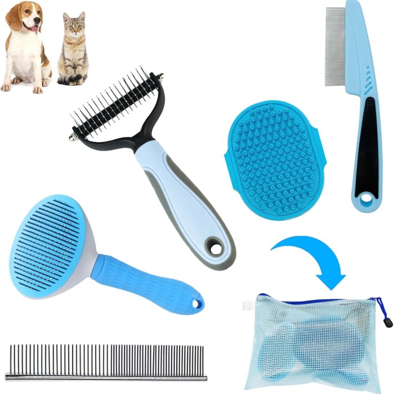 Dog Brush Grooming Kit 5PCS - Shedding, Flea Comb & Slicker Brush Set, Blue for Home or Travel