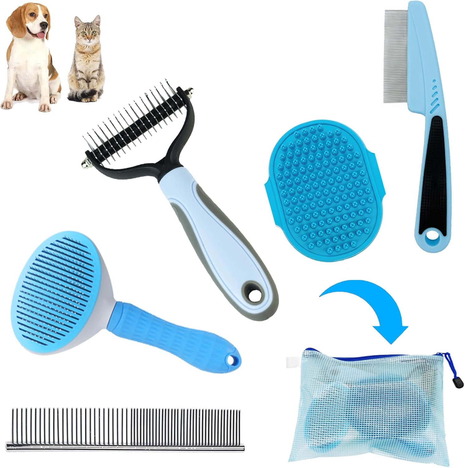 Dog Brush Grooming Kit 5PCS - Shedding, Flea Comb & Slicker Brush Set, Blue for Home or Travel