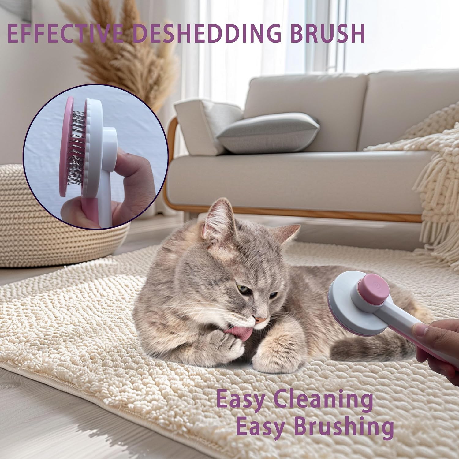 Cat Grooming Brush Kit 6 Tools – Deshedding, Dematting & Self-Cleaning Slicker Brush for Cats & Kittens (Pink) - Image 2