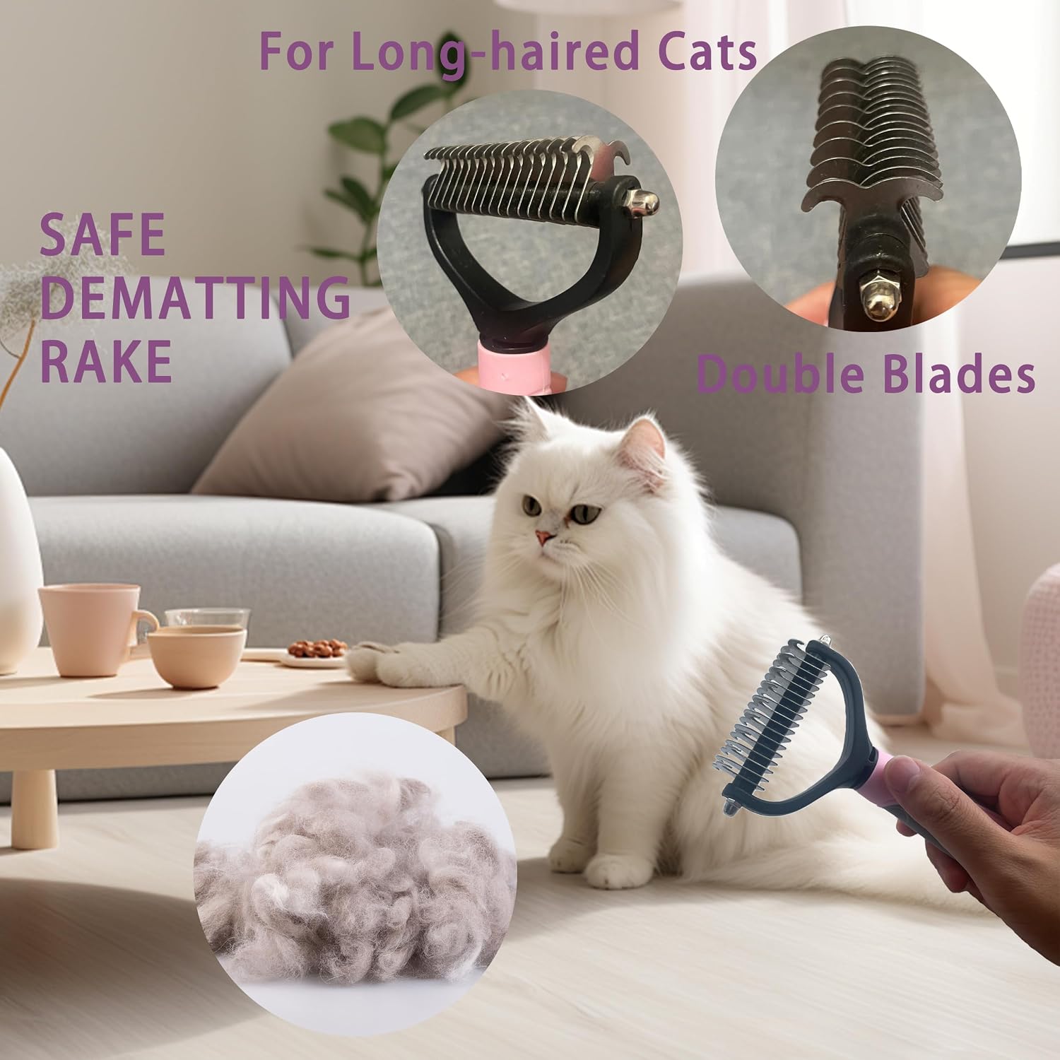 Cat Grooming Brush Kit 6 Tools – Deshedding, Dematting & Self-Cleaning Slicker Brush for Cats & Kittens (Pink) - Image 3