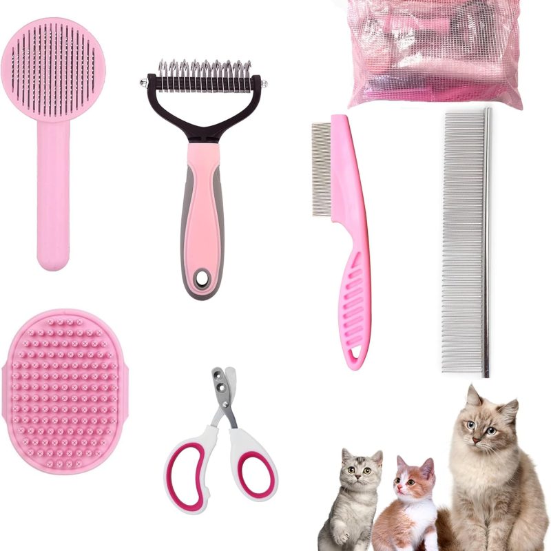 Cat Grooming Brush Kit 6 Tools – Deshedding, Dematting & Self-Cleaning Slicker Brush for Cats & Kittens (Pink)