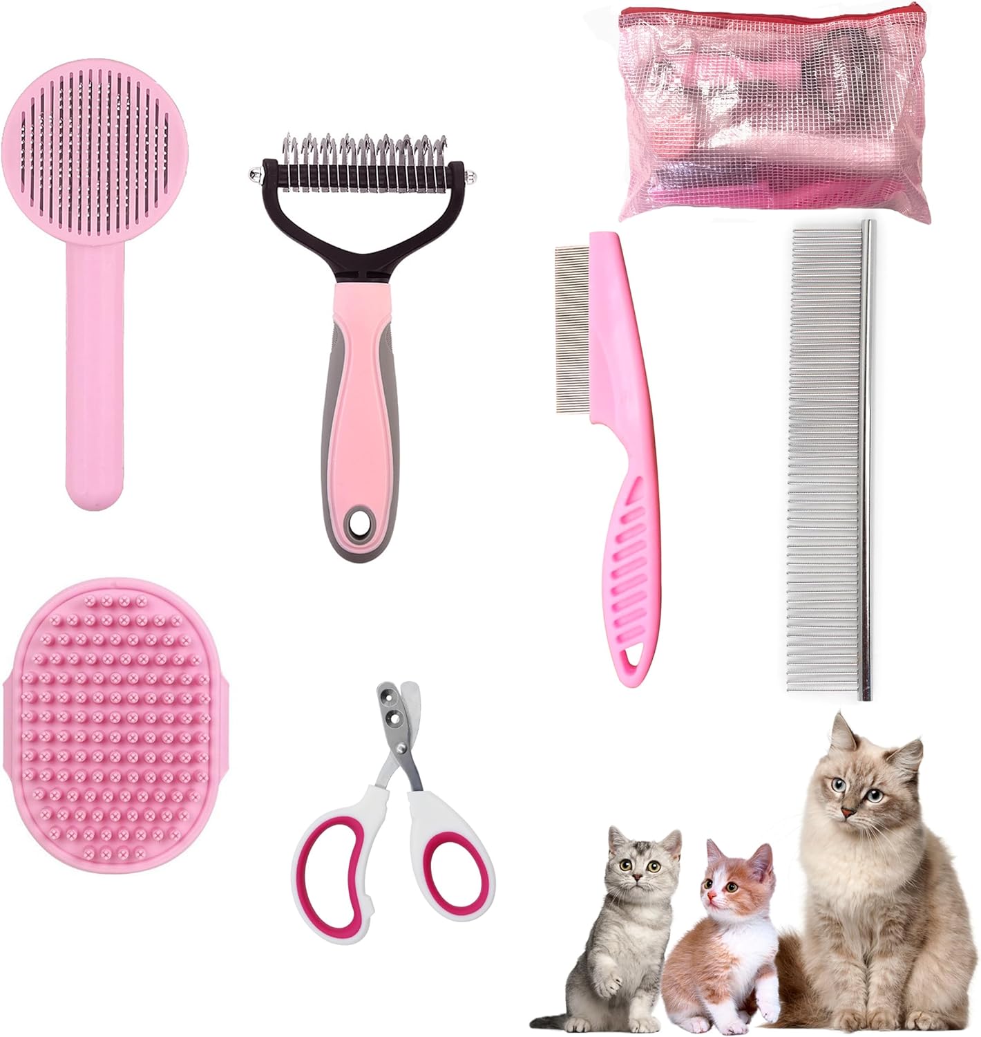 Cat Grooming Brush Kit 6 Tools – Deshedding, Dematting & Self-Cleaning Slicker Brush for Cats & Kittens (Pink)
